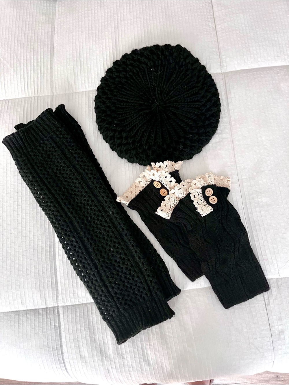 Black Knit Women’s Beret Hat, Leg Warmers& Lace Boot Cuffs Set